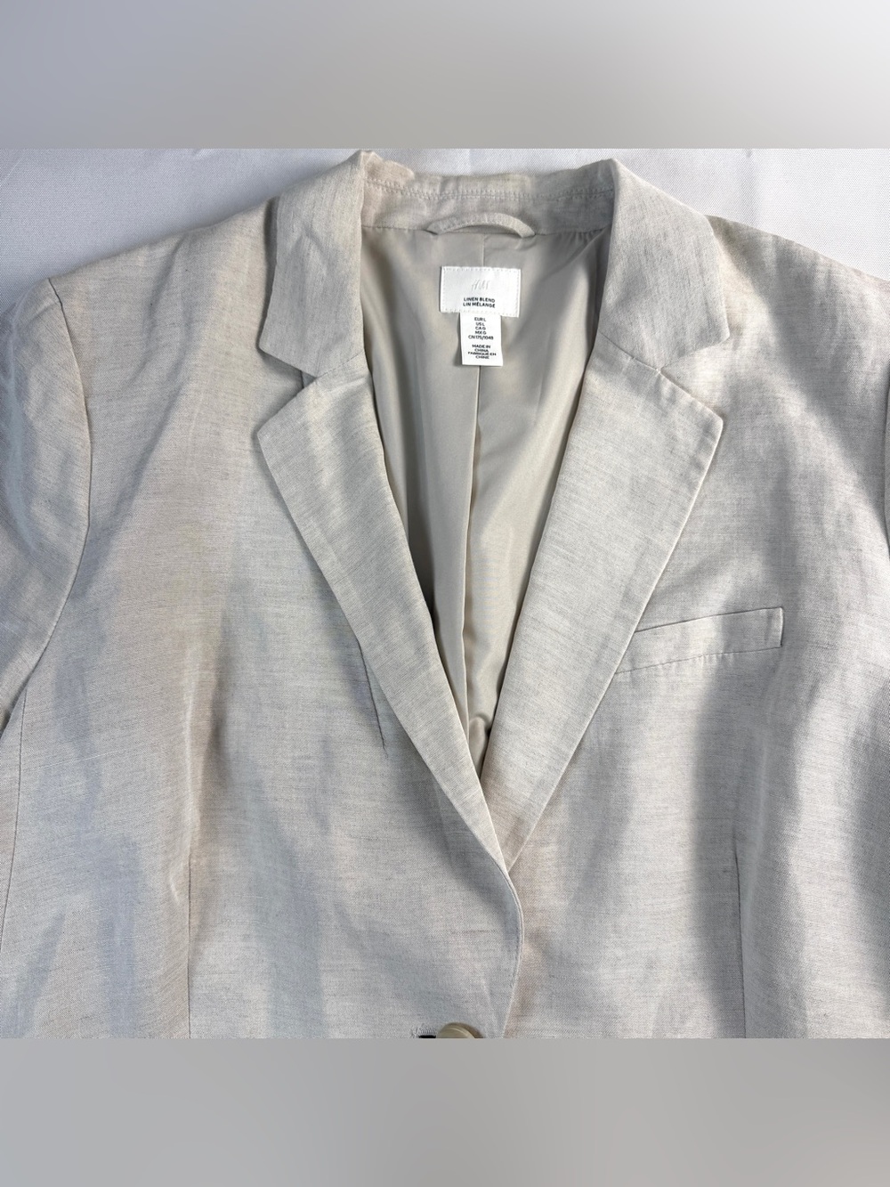 H&M Linen Blend Blazer Women’s L Beige Oatmeal Single Button Lightweight - Picture 3 of 12
